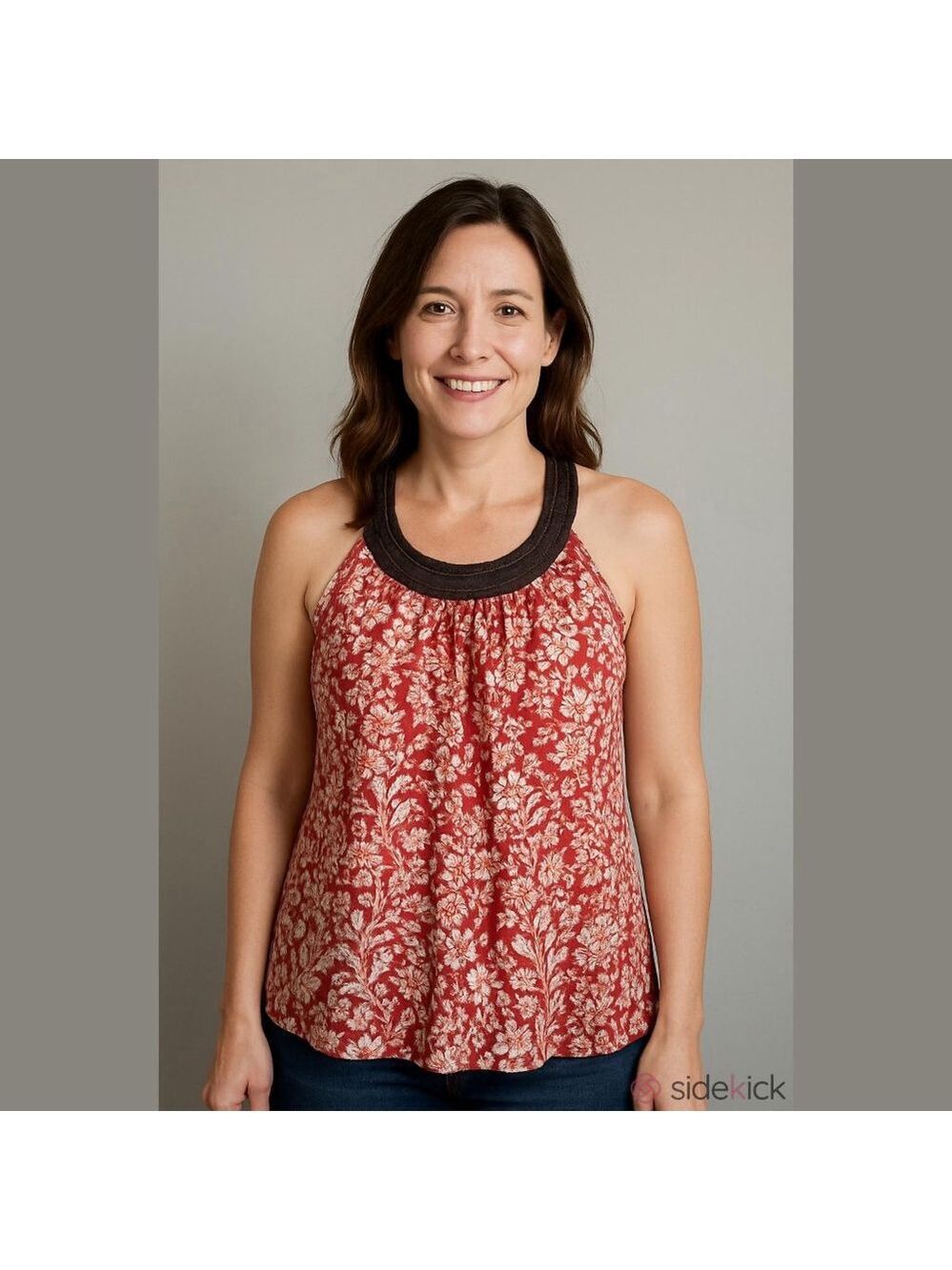 ELLE Floral Halter Top Red/White XS Women's